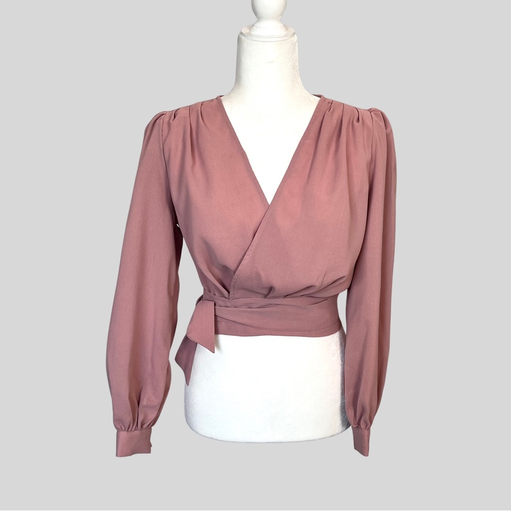Rose Mauve Wrap Blouse with Long Sleeves – Elegant V-Neck Tie Waist Top